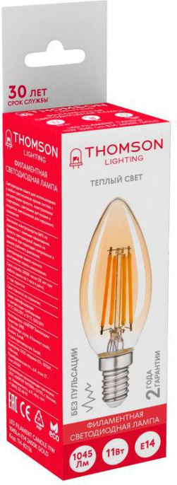 Лампа филам. Thomson Filament TH-B2116 11Вт цок.:E14 свеча 220B св.свеч.бел.теп. Candle упак.:1шт