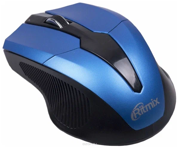 Беспроводная компьютерная мышь RITMIX RMW-560-BLACK-BLUE полноразмерная мышь, беспроводная радио, сенсор оптический 1000 dpi, 3 кнопки, колесо с нажатием, цвет черный/синий