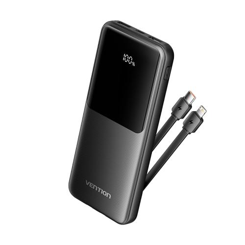 Power Bank Vention 10000mAh Micro-USB/C/A/A со встроенными кабелями 22.5W Чёрный с LED Дисплеем, шт. FHOB0