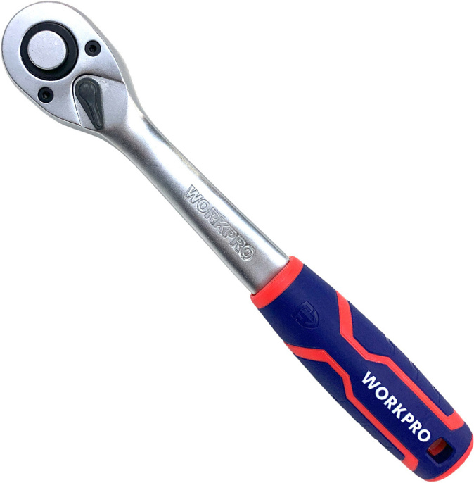 Трещотка WorkPro WP271012 (1/2", быстроразъемный, хром-ванадиевая сталь, эргономичная прорезиненная рукоятка, хромированная, зеркально отполированная)