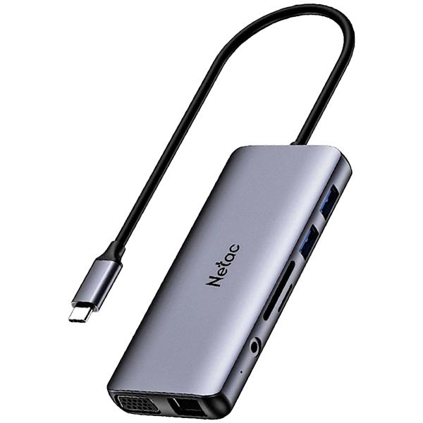 USB-концентратор Netac Hub WF15, 11 in 1, Type-C to USB3.0*2+USB2.0*2+HDMI+PD+mSD/SD 2.0+Audio+RJ45+VGA repl. NT08WF15-30GR