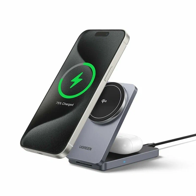 Беспроводное зарядное устройство 2-в-1 UGREEN W706 45023 2-in-1 Wireless Charger Qi2 for Iphone 15W &AirPods. Цвет: серый