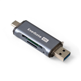 Устройство чтения/записи карт памяти ExeGate CR-201CA (компактный картридер USB Type-A + Type-C --> Card Reader, поддержка стандартов: SD/SDHC/MMCII/RS MMC, Micro SD/ Micro SDHC/Micro SDXC, Plug&Play, серый) EX297630RUS