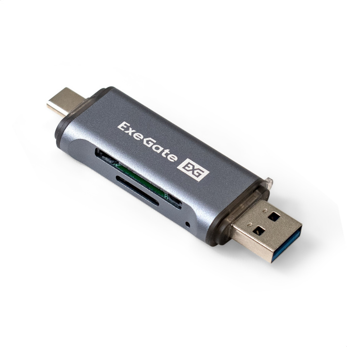 Устройство чтения/записи карт памяти ExeGate CR-201CA (компактный картридер USB Type-A + Type-C --> Card Reader, поддержка стандартов: SD/SDHC/MMCII/RS MMC, Micro SD/ Micro SDHC/Micro SDXC, Plug&Play, серый) EX297630RUS