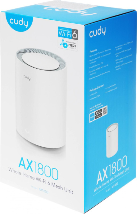 Бесшовный Mesh роутер CUDY M1800, Wi-Fi 6, AX1800, 2.4/5ГГц, 1 LAN, белый [m1800 1-pack ]