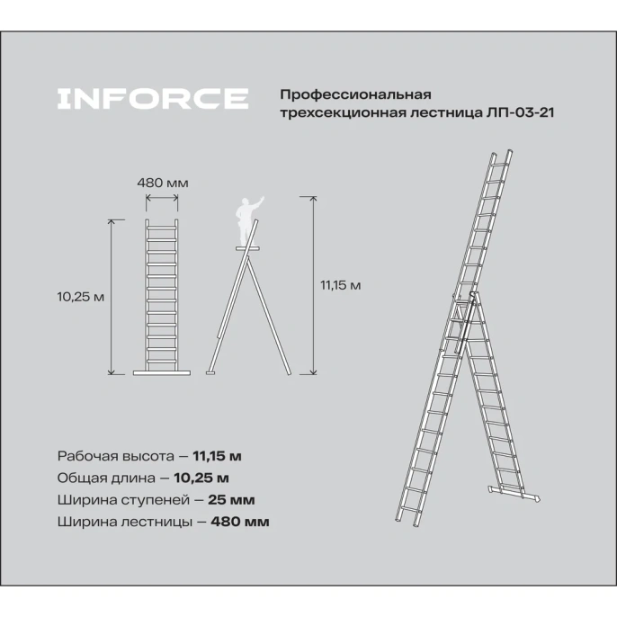 Профессиональная трехсекционная лестница Inforce 3x14 шириной 480мм ЛП-03-21