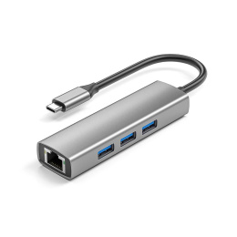 ORIENT JK-341N, Type-C разветвитель-сетевая карта USB 3.2 Gen1 5 Гбит/c , порты: 3xUSB-A + RJ45 Gigabit Ethernet, RTL8153, 100/1000 Мбит/с, кабель USB Type-C, алюминиевый корпус, серебристый 33309