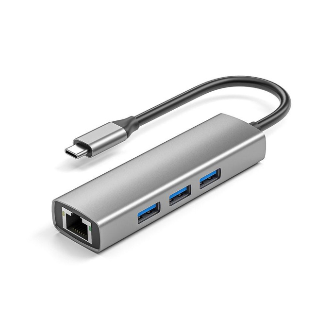 ORIENT JK-341N, Type-C разветвитель-сетевая карта USB 3.2 Gen1 5 Гбит/c , порты: 3xUSB-A + RJ45 Gigabit Ethernet, RTL8153, 100/1000 Мбит/с, кабель USB Type-C, алюминиевый корпус, серебристый 33309