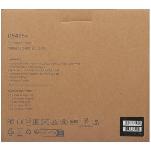 Платформа СХД Synology DS425+ 4 Bay 2xM.2 2.5GLAN 1GLAN 2GB Max.10GB DDR4 2xUSB