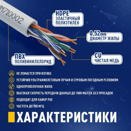 Кабель NEOMAX [NM710002-100M-PT] U/UTP cat.5e 4x2x0.52, 24 AWG, Медь, внутренний, PVC, 100м, серый