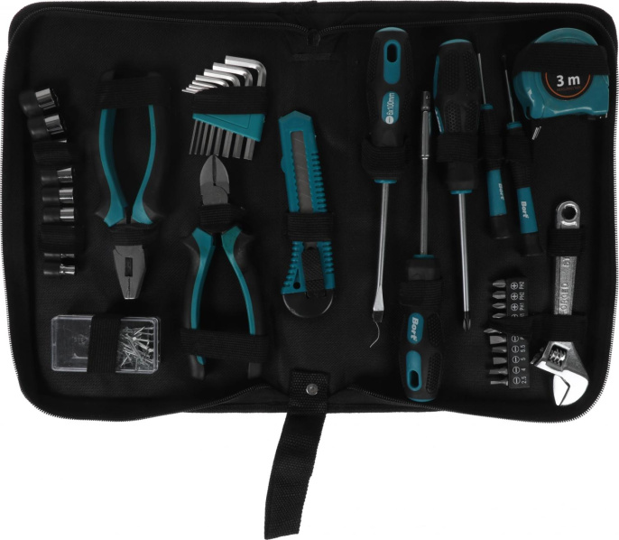 Набор инструментов Bort BTK-37 93722388 37 предметов: отвертка часовые, 2 шт, SL3, HP1 , плоскогубцы, нож, бокорезы, крепеж: гвозди, в комплекте рулетка, сумка