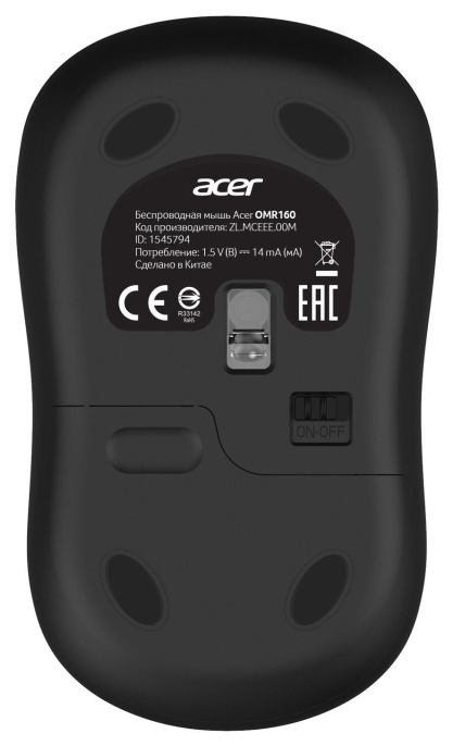 Мышь беспроводная Acer OMR160, радио, оптическая, USB, 1200dpi, черный [zl.mceee.00m]