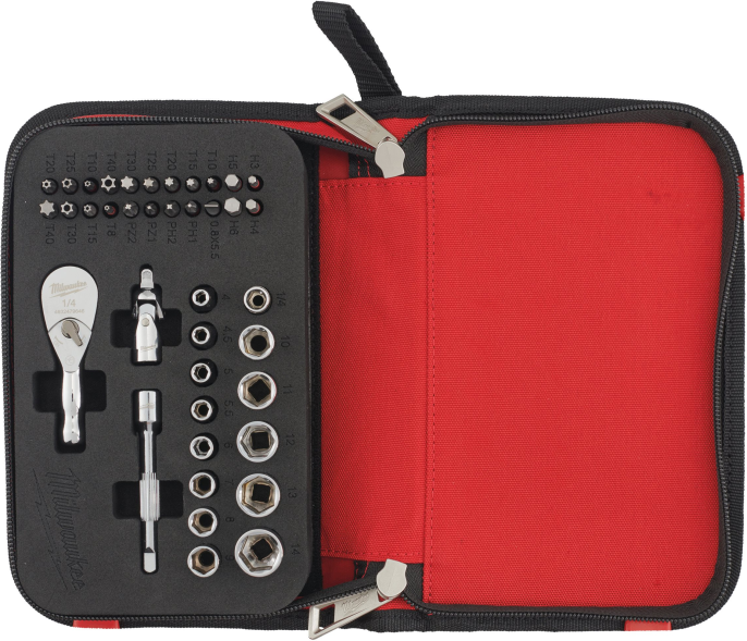 Набор головок Milwaukee 4932492672 39шт набор включает: компактный храповой ключ ¼″, универсальный шарнир ¼″, удлинитель 76 мм, 13 головок ¼″ 4, 4,5, 5, 5,5, 6, 7, 8, 9, 10, 11, 12, 13, 14 мм , адаптер с квадратной на квадратную головку ¼″, 22 биты SHOC