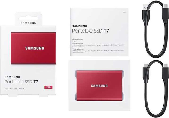 2ТБ Внешний диск SSD Samsung T7 MU-PC2T0R/WW, USB-C, запись - 1000МБ/с, чтение - 1050МБ/с, красный