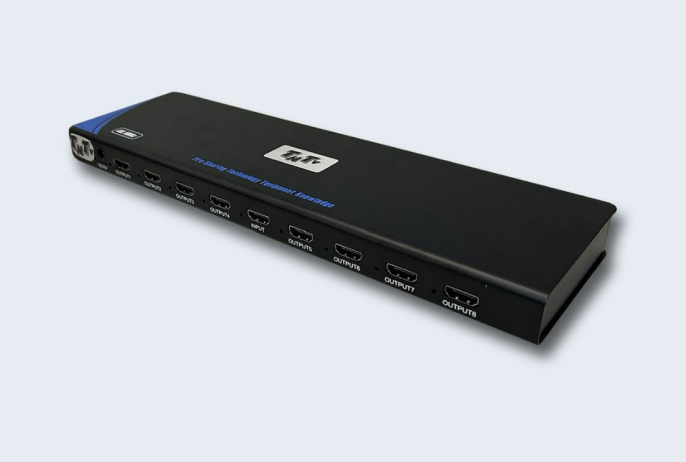 TNTV/TNT MMS-888VSH Разветвитель,, HDMI 2.0, 1 8 устройств, макс.10м. до входа у-ва+10м. до экрана толщ.жил шнура 24AWG ,, без шнуров, DC 5V, max data rate 18 гбит/с;max pixel clock 600 МГц;3D;HDCP2.2;макс.разр.до 3840x2160 60Hz 4:4:4