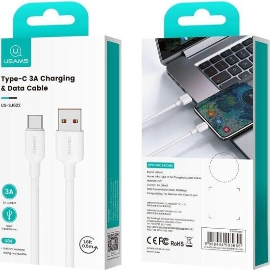Кабель Usams US-SJ622 U84 Type-C 3A Charging & Data Cable 0.5m Белый (SJ622USB01)