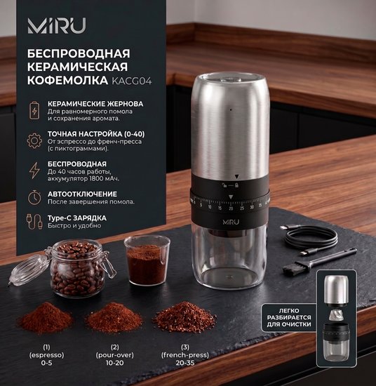 Кофемолка беспроводная MIRU KACG04 Кофемолка - 1 шт.,Щётка - 1 шт.,Кабель для подзарядки - 1 шт.,Инструкция - 1 шт.,3,7 В-25 Вт,металл