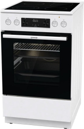Плита Gorenje GECS5C60WPA, полезный объем 70 л, эргономичные переключатели, сенсорный программатор IconLED, эмаль SilverMatte, очистка паром, индикатор остаточного тепла для каждой конфорки, телескопические направляющие на 2-х уровнях, дверца CompactDo