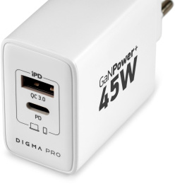 Сетевое зарядное устройство Digma DPW4A, USB-A, USB-C, 45Вт, 3A, белый [dpw4a5gx11wh]