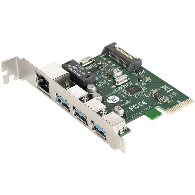 Контроллер сетевой ExeGate EXE-361 PCI-E x1 v2.0, LAN UTP 1000Mbps + 3*USB3.0 ext., разъем доп.питания, Chipset VL805 + RTL8153B EX283714RUS