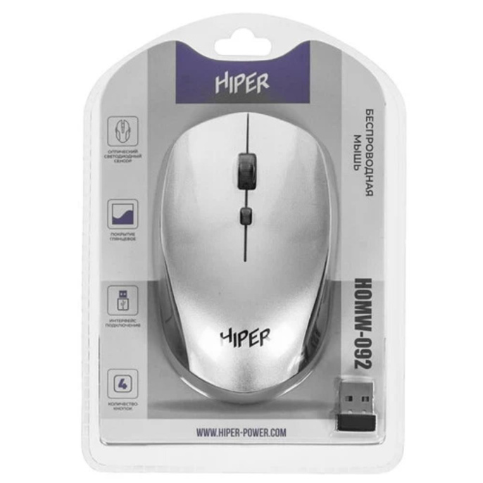 Мышь HIPER беспроводная HOMW-092 {1600dpi, серый, USB, 4кнп}