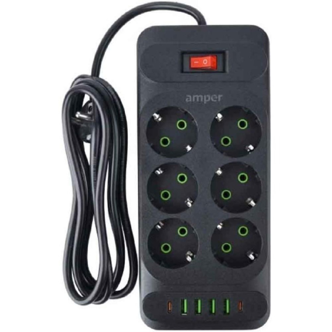 Amper сетевой удлинитель, 4,0м, 6 розеток, 10А, 2500 Вт, 4usb,2Type-C, черный. [JH-1076U-4B]
