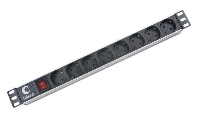 Блок розеток для 19" шкафов, горизонтальный, 1U 8 розеток, 10A Cabeus PDU-8P выключатель, гнездо под шнур, алюминиевый корпус