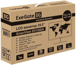 Монитор 24.5" ExeGate SmartView EH1500A EX297308RUS (IPS LED Grade A+, FHD, 1920x1080@75Гц, 16:9, 250cd/m2, 1000:1, 178°/178°, 5ms, D-Sub, HDMI, DisplayPort, audio-out, Flicker-free, FreeSync, Low Blue Light, кабель HDMI 1.5м, VESA, регулировка наклон