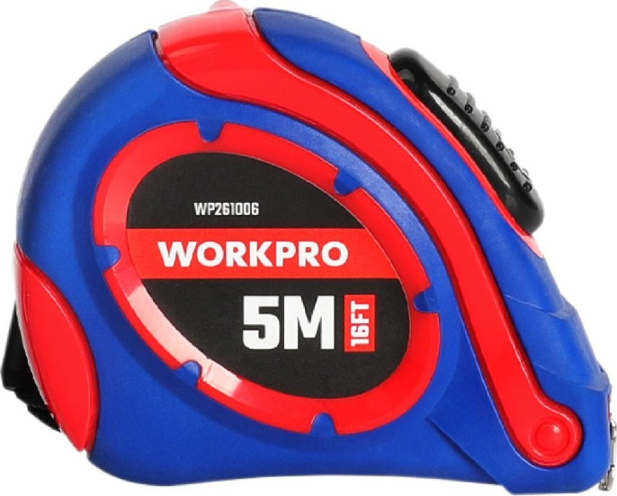 Рулетка WorkPro WP261006 5м (самоблокирующаяся конструкция, метрические и имперские весы, прочная термообработанная пружина, резиновое покрытие из двух материалов, оснащен зажимом для ремня и шнурком, удобным для переноски, эргономичный чехол)