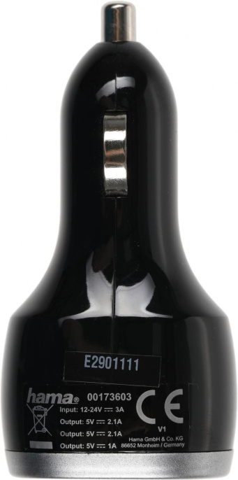 Автомобильное зарядное устройство HAMA H-173603,  3xUSB-A,  5Вт, 2.1A, черный [00173603]