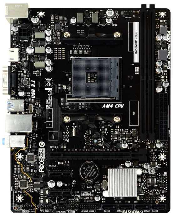 Материнская плата Biostar B450MHP Ver. 6.1 mATX, 17.4x 22.6 см, AMD B450, 2xDDR4 DIMM, 3200МГц, до 64 Гб, звук 7.1, 4xSATA3.0 6Gb/s , 2xPCIe2.0x1, 1xPCIe 3.0x16