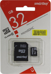 Micro SDHC карта памяти Smartbuy 32GB Class 10 с адаптером SD SB32GBSDCL10-01LE