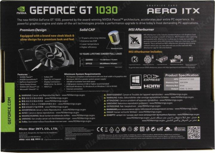 Видеокарта MSI NVIDIA GeForce GT 1030 GT 1030 AERO ITX 2GD4 OC 2ГБ DDR4, OC, Ret