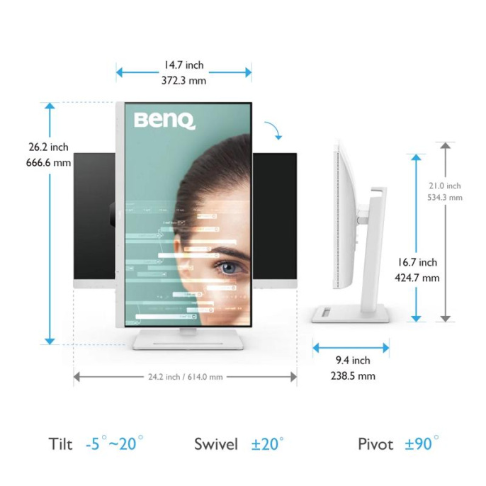 Монитор Benq GW2790QT 27'', 2560x1440, IPS, 60Hz, 20M:1, 250cd, 5ms, 2*HDMI, DP, USB-C 65W Speakers, Height adj 110, Pivot, Flicker-free; Low Blue Light, 3Y, White