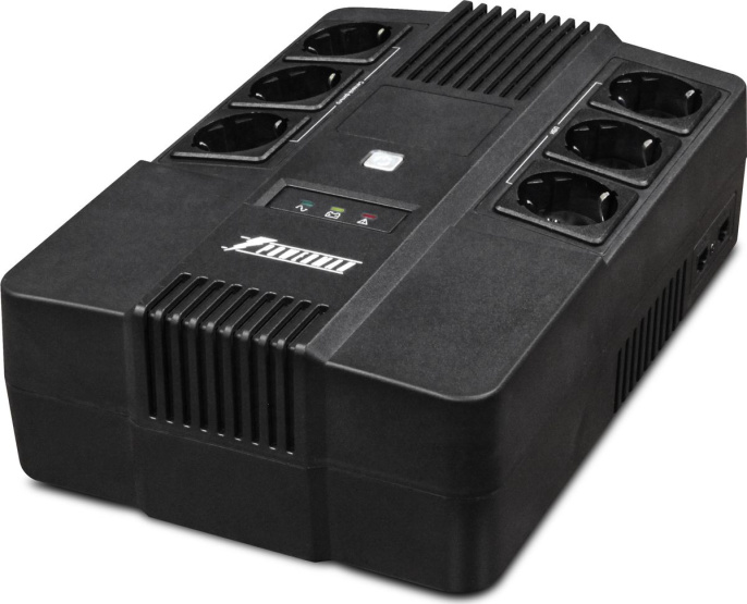 Источник бесперебойного питания Powerman Brick 600 (12V/7Ah, 600ВА, 360Вт, 50 ± 10, 6 розеток Shuko (3 розетки ИБП + 3 розетки сетевого фильтра), уровень шума: 40 дБ, время перехода сеть-батарея: 2-4 мс)