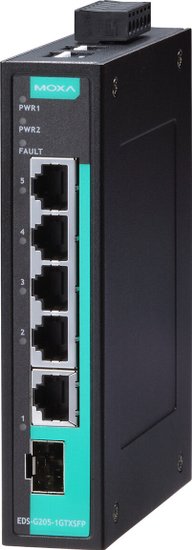 Промышленный неуправляемый коммутатор MOXA EDS-G205-1GTXSFP, 4 порта 10/100/1000BaseT X , 1 порт combo 10/100/1000BaseT X или 100/1000BaseSFP, IP30, от 0 до 60°C, DIN-Rail