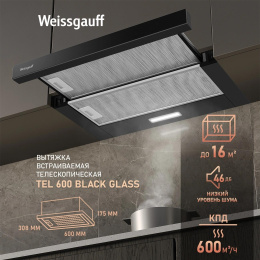 Вытяжка встраиваемая Weissgauff TEL 600 Glass черный управление: кулисные переключатели 1 мотор