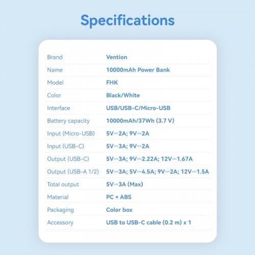 Power Bank Vention 10000mAh M/C-A/A 22.5W Белый с LED Дисплеем FHKW0