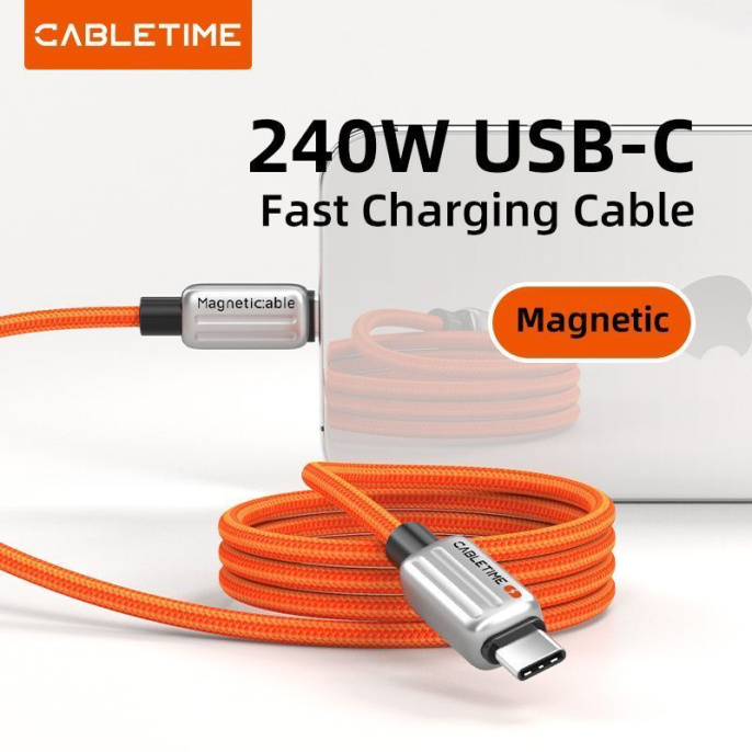 Магнитный кабель USB-C CABLETIME CU08H (CT-CM240-MZB1) 1 м, 480 Мбит/с, 5А/48В, 240Вт, PD 3.1, черный, для быстрого заряда смартфонов и ноутбуков