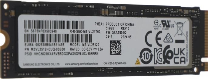 SSD накопитель Samsung PM9A1 MZVL2512HCJQ-00B00 512ГБ, M.2 2280, PCIe 4.0 x4, NVMe, M.2, oem