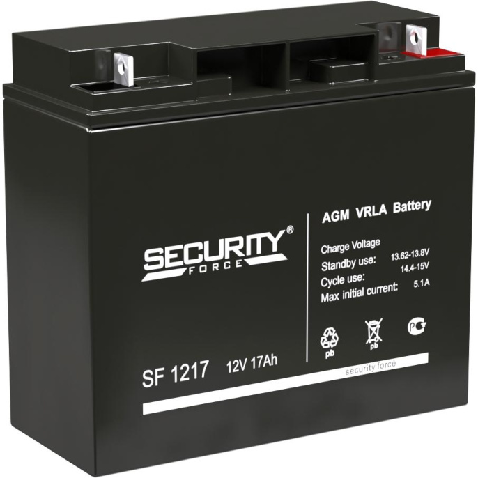 Батарея SECURITY FORCE серия SF, SF 1217, напряжение 12В, емкость 17Ач разряд 20 часов , макс. ток разряда 5 сек. 18А, макс. ток заряда 5.1А, свинцово-кислотная типа AGM, клеммы под гайку и болт M6, ДxШxВ 181х77х167мм., вес кг., срок службы 3-5 лет./