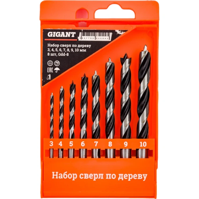Набор сверл по дереву 3-4-5-6-7-8-9-10 мм, 8 шт, пластиковый кейс Gigant Gdd-8