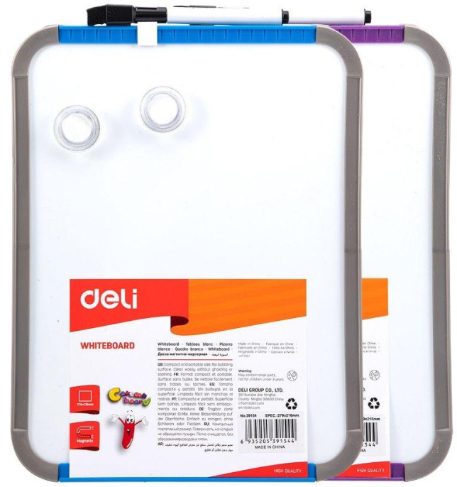 Доска магнитно-маркерная Deli E39154 лак белый 21x28см пластик рама сталь 2 магнита/маркер