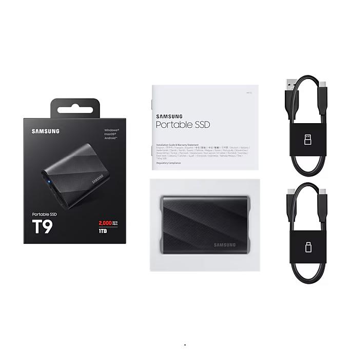 1ТБ Внешний диск SSD Samsung T9 MU-PG1T0B/WW, USB-C, запись - 1950МБ/с, чтение - 2000МБ/с, черный