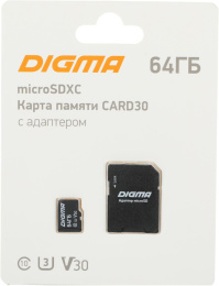 Флеш карта microSDXC 64GB Digma CARD30 V30 + adapter DGFCA064A03