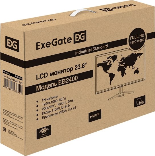 Монитор 23.8" ExeGate EB2400 (TN LED Grade A+, FHD, 1920x1080@60Гц, 16:9, 200cd/m2, 1000:1, 170°/160°, 5ms, D-Sub, HDMI, Flicker-free, кабель HDMI 1.5м, VESA, регулировка наклона (tilt), черный) EX294424RUS