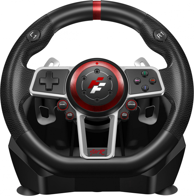 Руль FlashFire Suzuka 900R (ES900R) (проводной, интерфейс: USB, управление: педали 3 шт, блок переключения передач, подрулевые переключатели 2 шт, совместимость: PS3/PC/PS4/Xbox One/Nintendo Switch/PS, цвет: черный/красный)