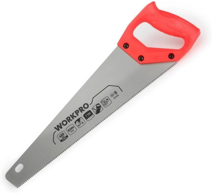 Ножовка WorkPro WP215001 400мм (эргономичная ручка, пильное полотно 65-миллиметровой толщины с точными заточными зубьями, долговечное, подходит для быстрой резки дерева, бамбука, ПВХ и других материалов)