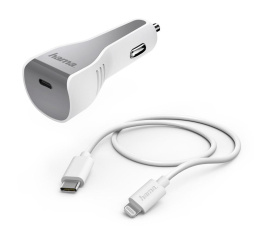 Автомобильное зарядное устройство HAMA H-183317,  USB-C, 8-pin Lightning, 30Вт, 3A, белый [00183317]