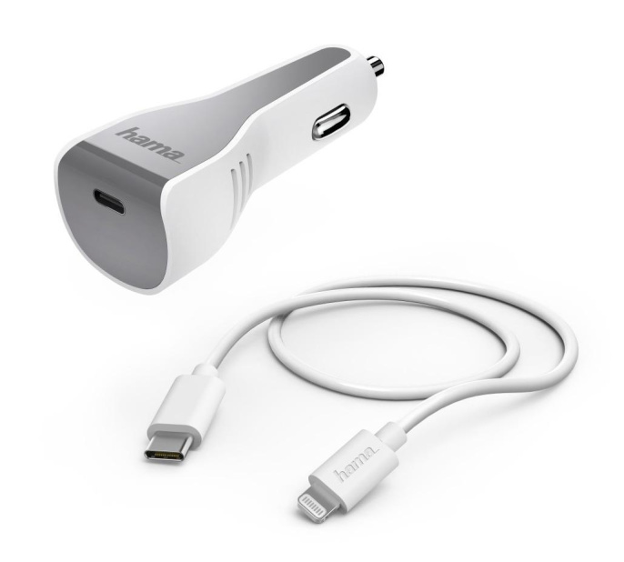 Автомобильное зарядное устройство HAMA H-183317,  USB-C, 8-pin Lightning, 30Вт, 3A, белый [00183317]